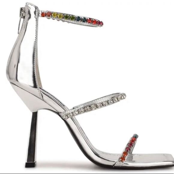 Nine West Vavoom High Heel Sandal Size 8 Silver/Crystals Straps Zip Closure New - Picture 2 of 6